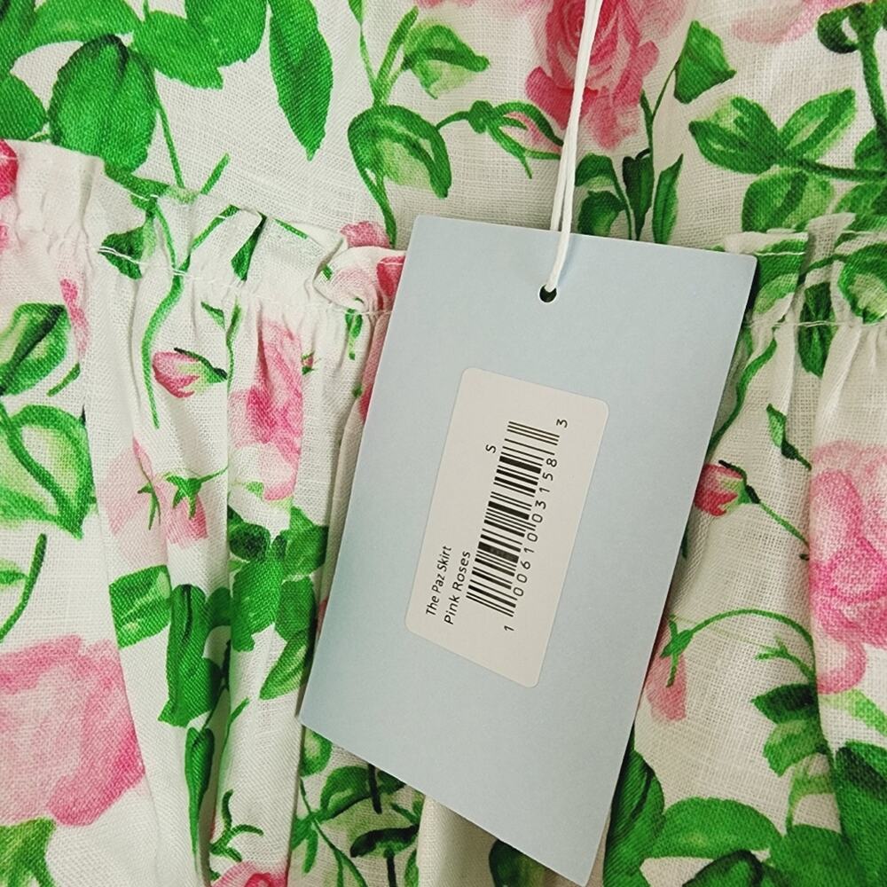 Hill House The Paz Skirt Pink Roses Floral Linen Ruffle Mini Skirt NWT Small S - Picture 3 of 10